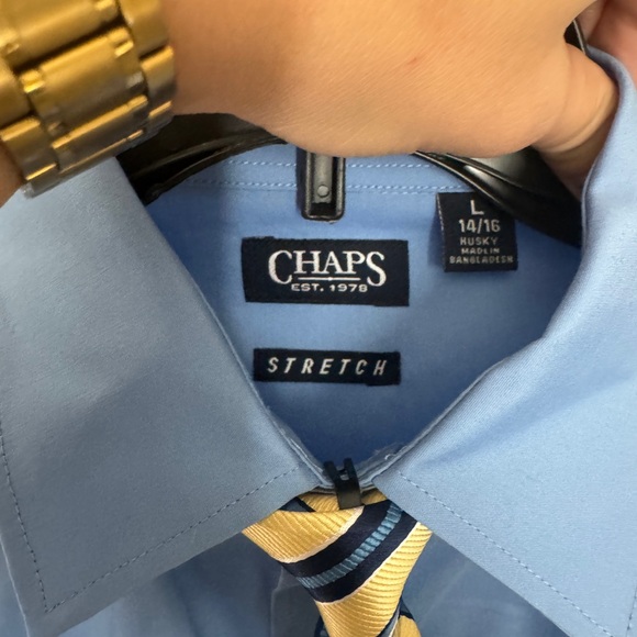 Chaps Kids Blue Button Down Shirt with Yellow Clip On Tie - Picture 3 of 6